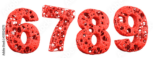 Molecule alphabet. Numbers 6, 7, 8, 9 organ celular. Human body font. 3D illustration. Cut ready.