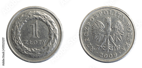 one Polish zloty coin on a white isolated background photo