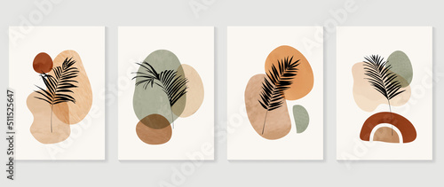 Set of abstract foliage wall art vector. Leaves, organic shapes, earth tone colors, leaf branch in line art style. Line wall decoration collection design for interior, poster, cover, banner. 