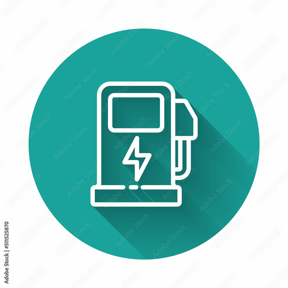 White line Electric car charging station icon isolated with long shadow. Eco electric fuel pump sign. Green circle button. Vector White line Electric car charging station icon isolated with long shadow. Eco electric fuel pump sign. Green circle button. Vector