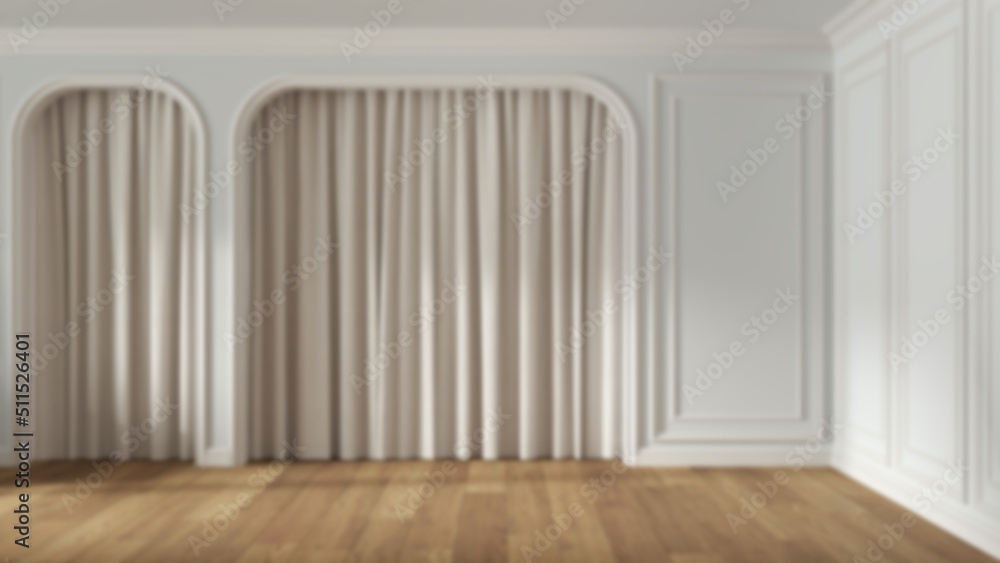 Blurred background, empty room interior design, classic open space with parquet wooden floor and molded walls, arched doors with curtains, neoclassic architecture concept Blurred background, empty room interior design, classic open space with parquet wooden floor and molded walls, arched doors with curtains, neoclassic architecture concept