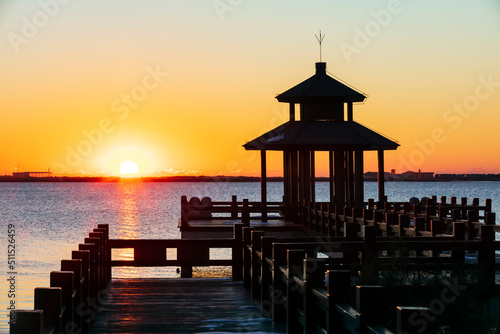 Wooden pavilions by the sea at sunrise in the morning, Sunrise by the sea
