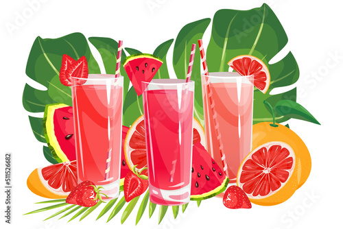 Ripe, juicy fruits and juices.Watermelon, grapefruit and strawberry juices with slices of watermelon, grapefruit and strawberries.