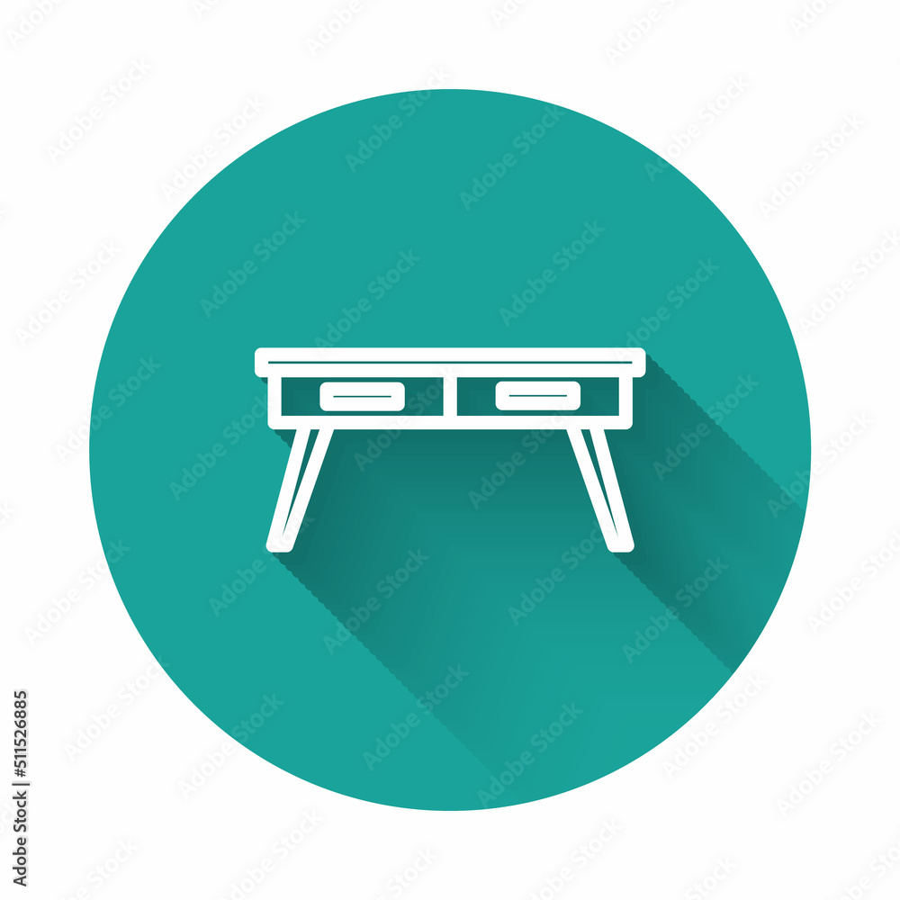 White line Office desk icon isolated with long shadow. Green circle button. Vector White line Office desk icon isolated with long shadow. Green circle button. Vector