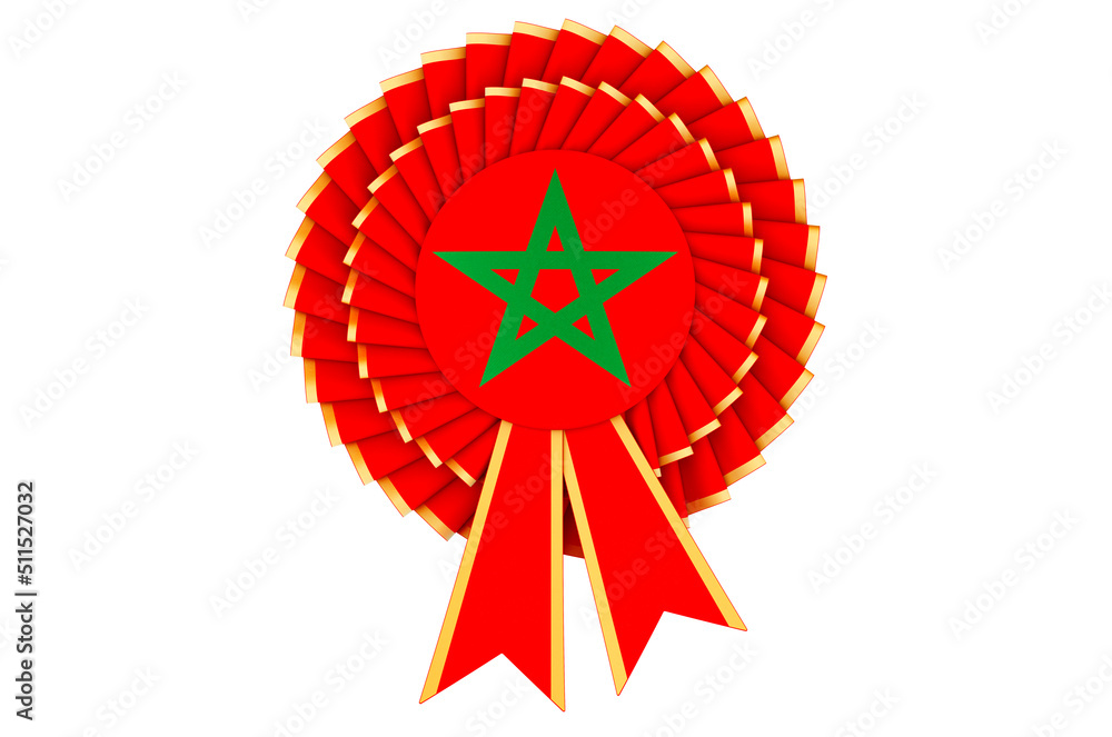 Moroccan flag painted on the award ribbon rosette. 3D rendering Moroccan flag painted on the award ribbon rosette. 3D rendering