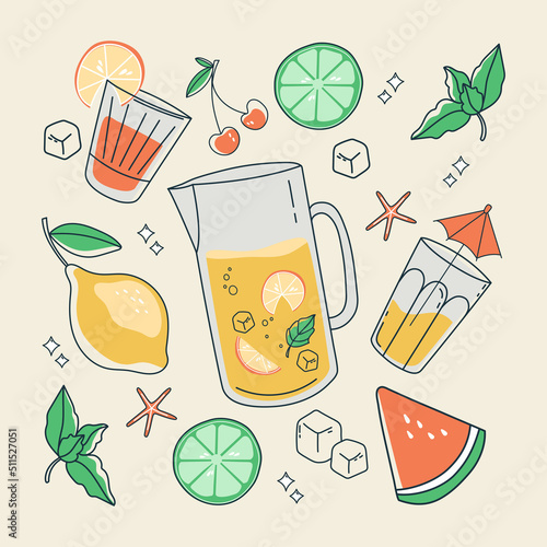 A set of various cocktail elements that are suitable for use in the bar menu, cocktail card and various banners. Fruits and other details are depicted in summer colors. Vector illustration.