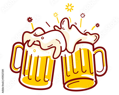 Two glasses, mugs of beer with foam to make a toast!
Cheers with two mugs of beer. Vector illustration isolated on white.