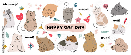 Cute cats and funny kitten doodle vector set. Happy international cat day characters design collection with flat color in different poses. Set of adorable pet animals isolated on white background.