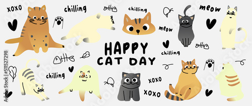Cute cats and funny kitten doodle vector set. Happy international cat day characters design collection with flat color in different poses. Set of adorable pet animals isolated on white background.