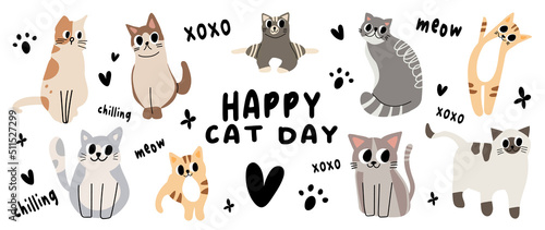 Cute cats and funny kitten doodle vector set. Happy international cat day characters design collection with flat color in different poses. Set of adorable pet animals isolated on white background.