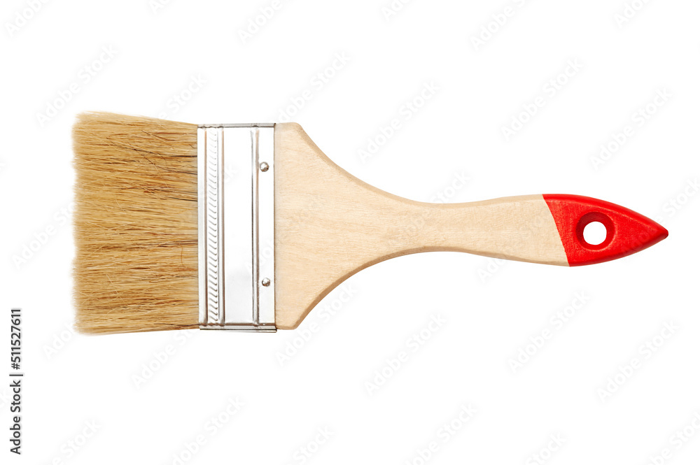 Natural bristle brush with wooden handle on a white background. For construction painting work. View from above. - obrazy, fototapety, plakaty 