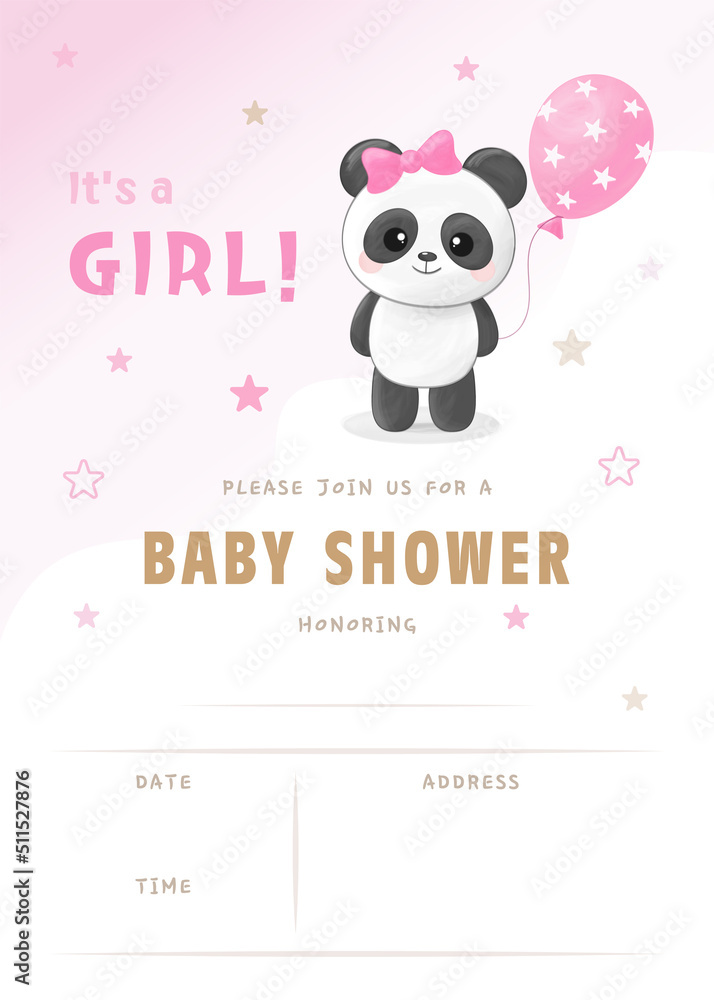 Vector baby shower invitation template with сute little panda girl,  pink balloon and gap for filling It's a girl