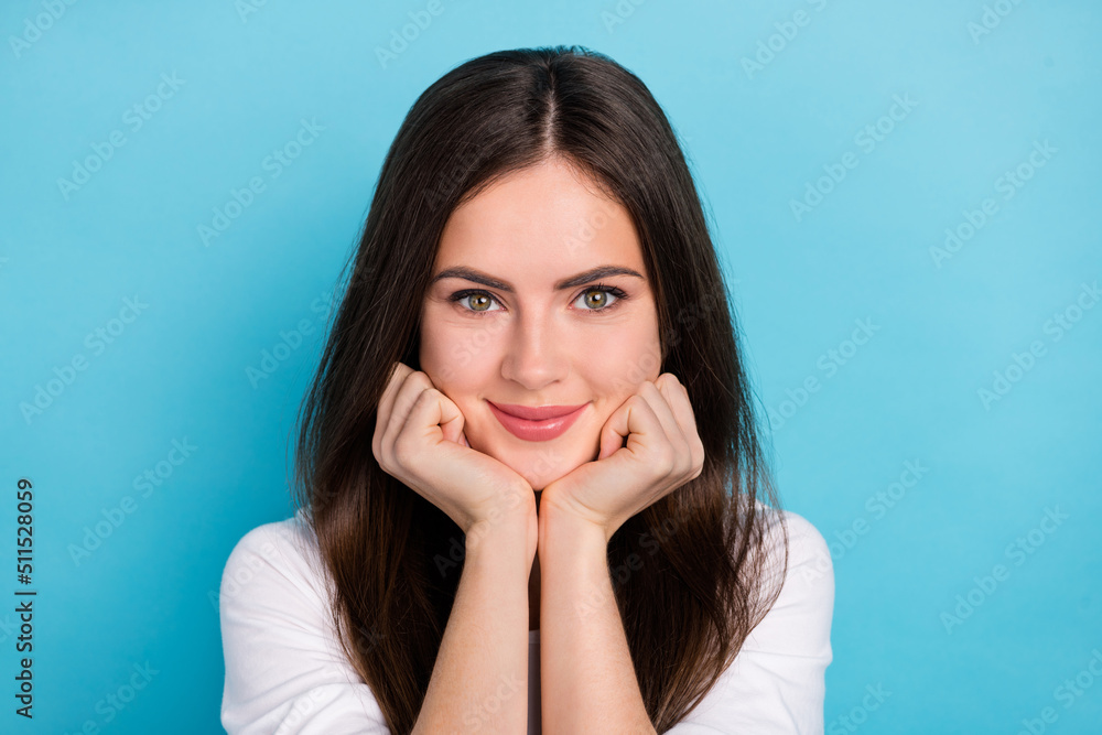 Portrait of attractive cheerful cute sweet girl resting free time isolated over vibrant blue color background Portrait of attractive cheerful cute sweet girl resting free time isolated over vibrant blue color background