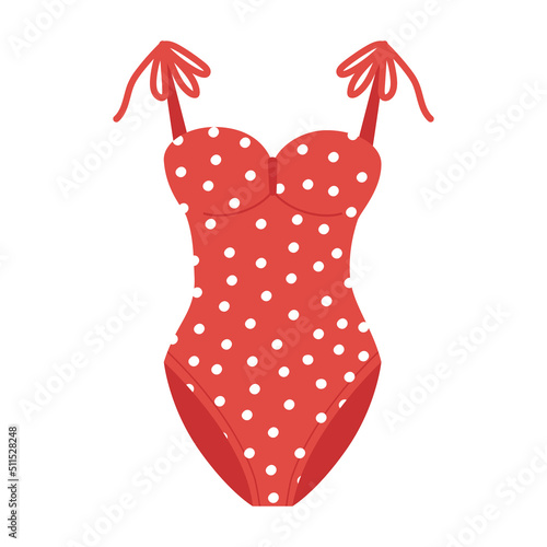 One-piece women's swimsuit in red polka dots with cups and straps with ties. Fashionable illustration of clothes for sea holidays and sunbathing in hot summer.