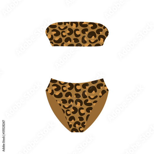 Split women's swimsuit with natural leopard print without straps. Fashionable illustration of clothes for sea holidays and sunbathing in hot summer.