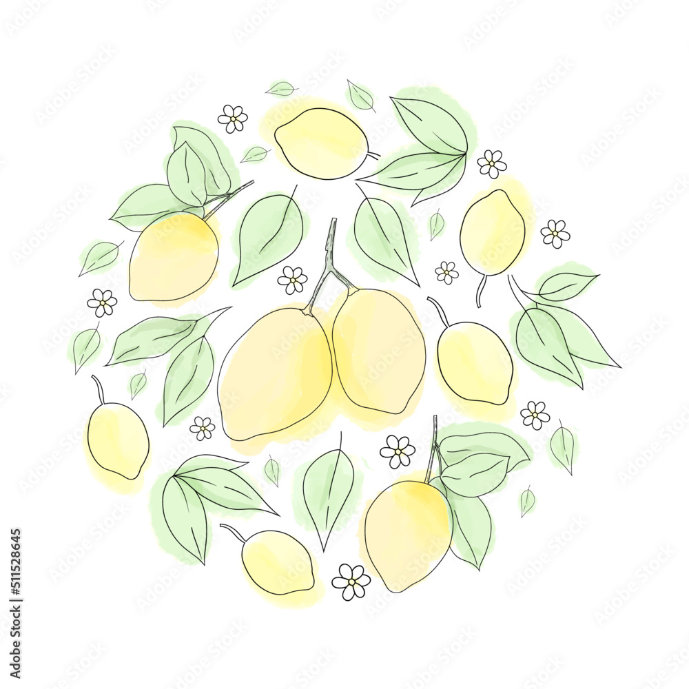 Hand-drawn vector wreath with lemons and leaves Hand-drawn vector wreath with lemons and leaves