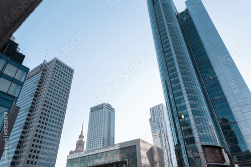 Modern beautiful city with mirrored business buildings and architecture. Warsaw, Poland. Economy and Finances