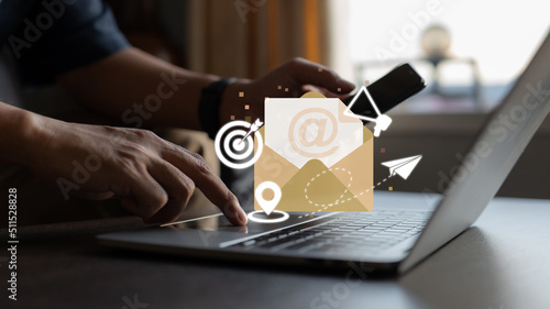 Email marketing as a concept. advertising media, target consumers, send messages, invite people, get message notifications, make attractive offers.