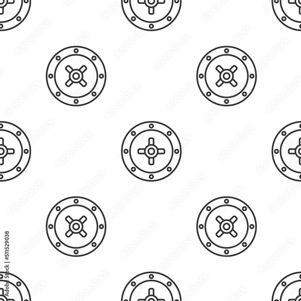 Grey line Safe icon isolated seamless pattern on white background. The door safe a bank vault with a combination lock. Reliable Data Protection. Vector