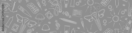 Contraception hand drawn seamless pattern. Sex education doodles horizontal border. Vector illustration.