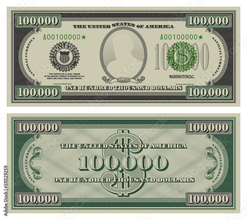 Vector one hundred thousand dollars banknote. Gray obverse and green reverse fictional US paper money in style of vintage american cash. Frame with guilloche mesh and bank seals. Wilson