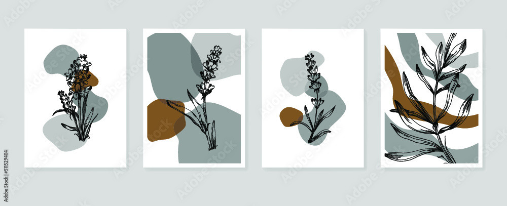 Set of Abstract Lavender Hand Painted Illustrations for Wall Decoration, minimalist flower in sketch style. Postcard, Social Media Banner, Brochure Cover Design Background. Modern Abstract Painting