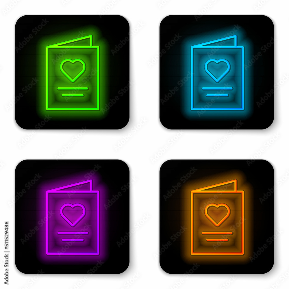 Glowing neon line Postcard with heart icon isolated on white background. Message love. Letter love and romance. Black square button. Vector Glowing neon line Postcard with heart icon isolated on white background. Message love. Letter love and romance. Black square button. Vector