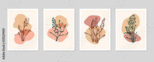 Set of Abstract Lavender Hand Painted Illustrations for Wall Decoration, minimalist flower in sketch style. Postcard, Social Media Banner, Brochure Cover Design Background. Modern Abstract Painting