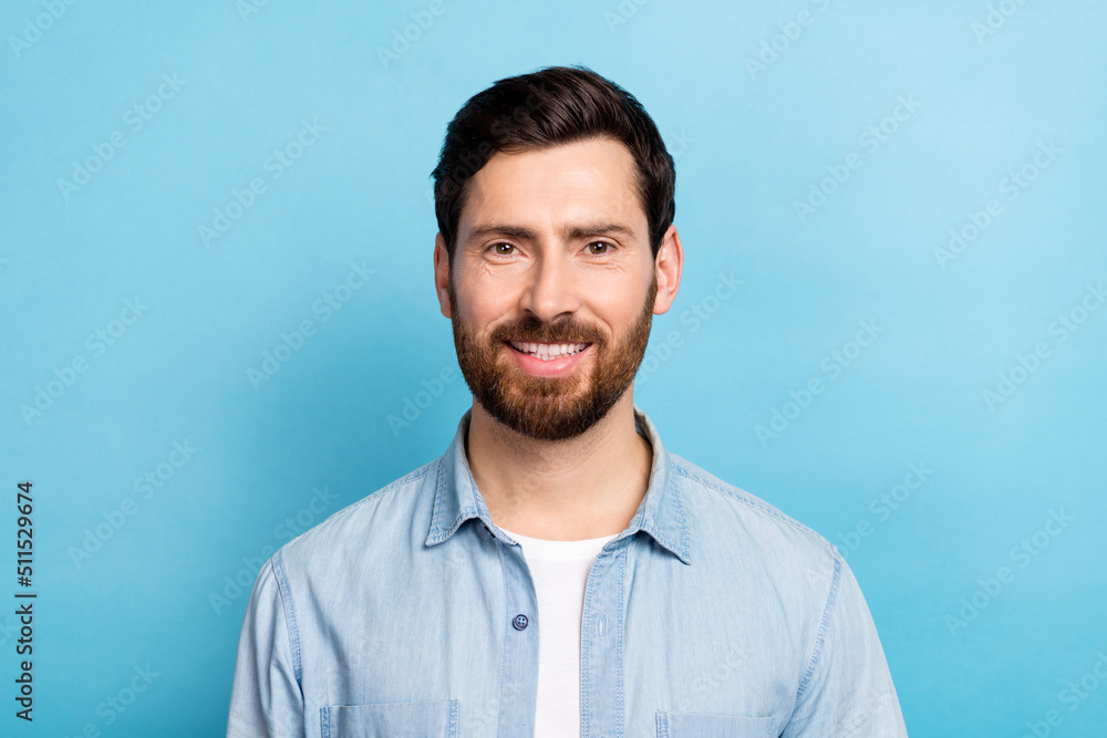Portrait of cheerful charismatic guy lawyer boos toothy smiling skin care treatment isolated blue color background Portrait of cheerful charismatic guy lawyer boos toothy smiling skin care treatment isolated blue color background