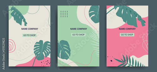 Set of advertising banners with tropical leaves, plants and trendy flower spots. Tropical summer. Announcement of a new collection, discounts on it, summer sale. Minimalism. Vector