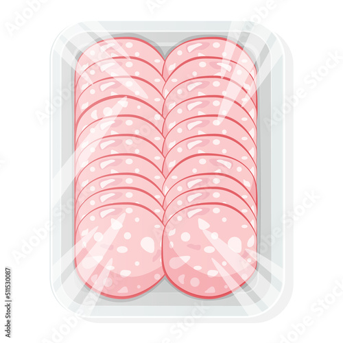 Sliced sausage in a plastic tray. Salami in vacuum packaging. Vector illustration.