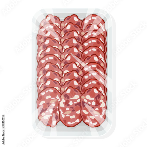 Sliced sausage in a plastic tray. Salami in vacuum packaging. Vector illustration.