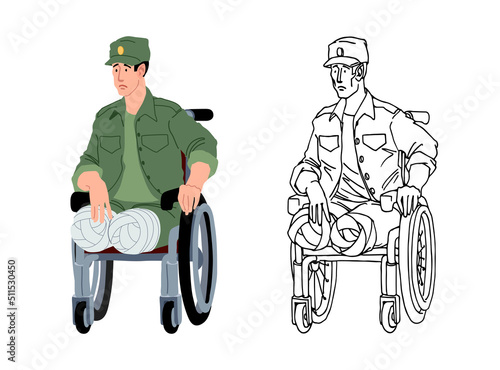 A disabled veteran of the war. A legless soldier in a wheelchair. Victim of a land mine. Vector illustration isolated on a white background in cartoon style.