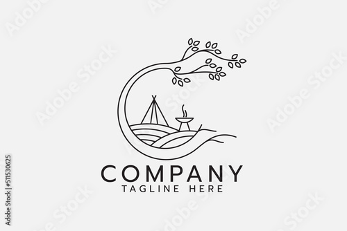 fun camp logo with beauty tree, tent and grill