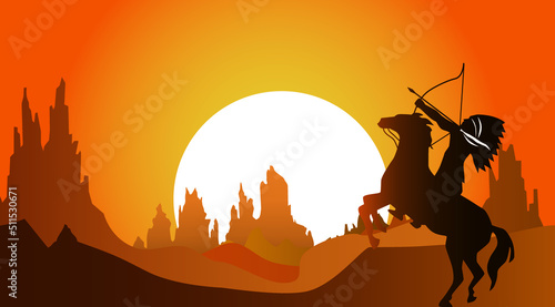 Silhouette of Native American Indian riding horseback with a arrow, vector illustration