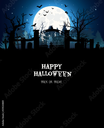 Halloween nightmare landscape. Cartoon spooky halloween cemetery landscape vector background illustration