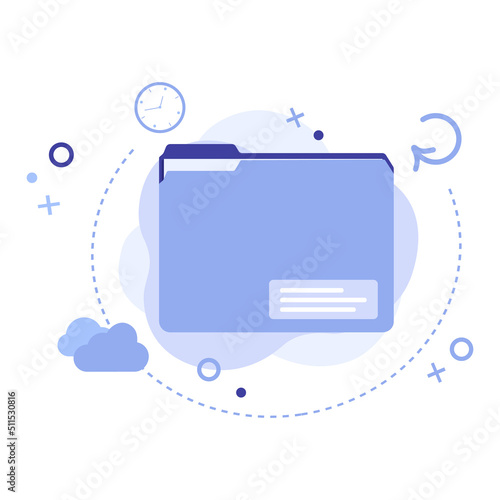 Vector illustration of file folder with social media icons and shapes on abstract background. File management tools service concept for social media, cloud storage, website, app, banner or flyer
