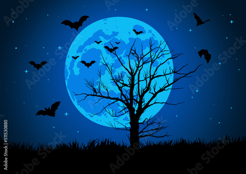 Halloween template with scary tree, flying bats and blue full moon