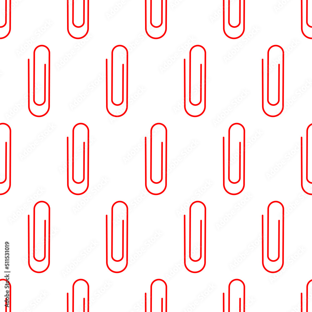 Simple red minimal office paper clip vector outline icon seamless pattern.
