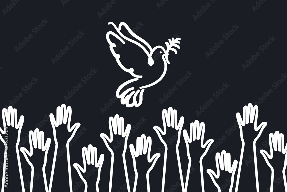 Obraz premium Horizontal poster Peace to Ukraine with a white outline of the dove of peace on a black background. Hands of the Ukrainian people in the struggle for peace. Vector.