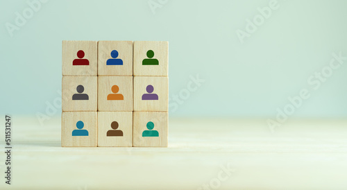 Team building and diversity concept. Work collaboration for achieving goal and successful business. Productive people skills. Wooden cubes with team diversity building icons. HRM Banner.