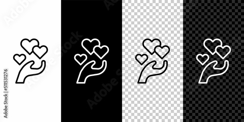 Set line Heart in hand icon isolated on black and white, transparent background. Hand giving love symbol. Valentines day symbol. Vector