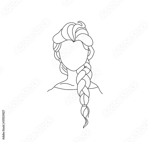 Vector isolated cartoon girl with long hairs faceless portrait colorless black and white contour line drawing