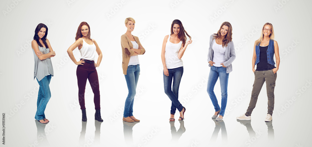 Fototapeta premium Beauty, style and confidence. Studio shot of a row of six young woman in casual clothing.