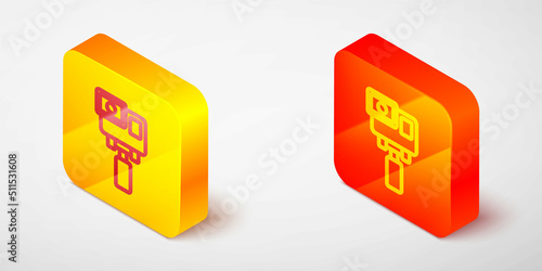 Isometric line Action extreme camera icon isolated on grey background. Video camera equipment for filming extreme sports. Yellow and orange square button. Vector