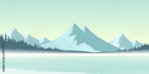 Landscaped mountains, pine forests under blue skies in the morning with blue lakes.