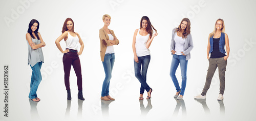 Beauty, style and confidence. Studio shot of a row of six young woman in casual clothing.
