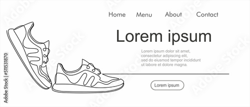 Vector illustration of sneakers. Sports shoes in a line style. Continuous one line.  Can used for logo, emblem, slide show and banner. Illustration with quote template. 
