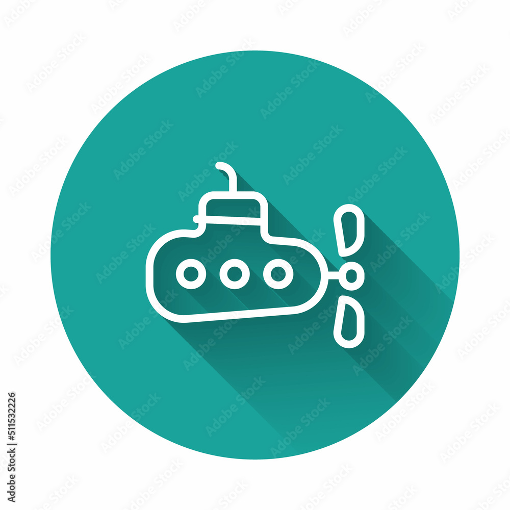 White line Submarine icon isolated with long shadow background. Military ship. Green circle button. Vector White line Submarine icon isolated with long shadow background. Military ship. Green circle button. Vector