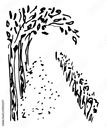 Simple black outline vector drawing. Summer landscape, alley, arch of trees. Walk in the park, footpath. Sketch in ink.